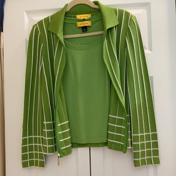 ST. JOHN Green w/White Stripes Sweater Set - Picture 2 of 14
